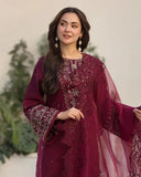 3 Piece Unstitched Heavy Embroidered Lawn Suit ( Four-sided Embroidered Organza Dupatta )QL-2685